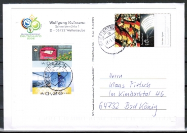 Bund 2517 als Sonder-Ganzsachen-Postkarte 45 Cent Sport 2006, auf Umschlag aufgeklebt + mit ATM-Zusatz als Brief 20-50 Gramm von 2017, codiert