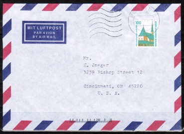 Berlin 834 C/o.g. als portoger. EF mit 100 Pf SWK oben geschnitten aus MH auf VGO-bersee-Luftpost-Brief bis 10g vom 1.4.1991 in die USA, vs. codiert
