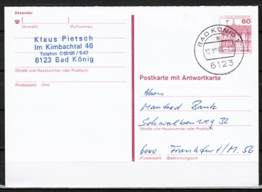 Bund 1028 als Antwort-GA-PK mit eingedr. Marke rote 60 Pf B+S - Marke im Buchdruck portoger. von 1982-1993 hin-gelaufen mit ungebr. Antwort-Teil