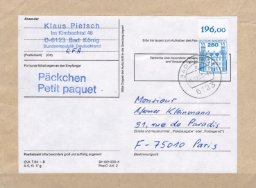 Bund 1142 als portoger. EF mit 280 Pf B+S - Serie vom Bogen mit Oberrand auf Auslands-Pckchen-Adresse (250-500g) von 1982-1989 nach Frankreich