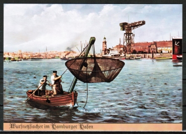 10 gleiche Neudruck-AK einer alten topografischen Ansichtskarten von Hamburg, Wurfnetzfischer im Hamburger Hafen, AK von ca. 1980