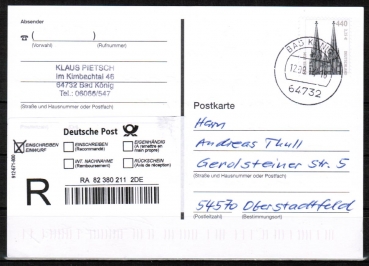 Bund 2206 als portoger. EF mit 440 Pf / 2,25  SWK aus Rolle auf Inlands-Einwurf-Einschreib-Postkarte von 2014-2015, codiert