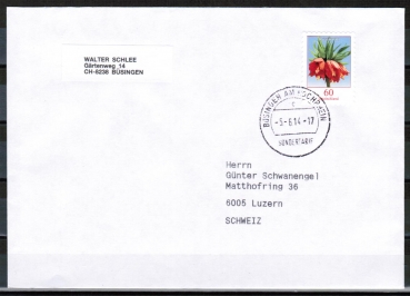 Bund 3043 Skl. (Mi. 3046) als portoger. EF mit 60 Cent Kaiserkrone als Skl.-Marke auf B-Brief vom ZAG Bsingen in die Schweiz von 2014