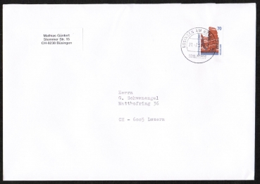 Bund 1469 als portoger. EF mit 70 Pf SWK Helgoland aus Rolle auf B-Brief von Bsingen in die Schweiz, 14x20 cm