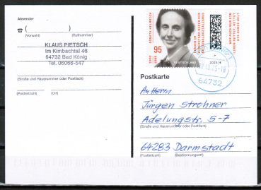 Bund 3921 als portoger. EF mit 95 Donata Helmrich auf Inlands-Postkarte von 2025-2026, codiert