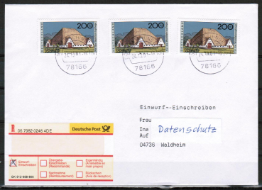 Bund 1887 als portoger. MeF mit 3x 200 Pf Wohlfahrt 1996 auf Einwurf-Einschreib-Brief 