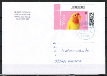 Bund 3942 als portoger. EF mit 95 Cent gelber Vogel auf Inlands-Brief bis 20g von 2026, codiert