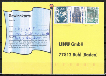 Bund Zusammendruck 50+80 Pf SWK oben geschnitten aus MH + 10 Pf u.g. hinzugeklebt als v�llig �berfrankierte Inlands-Postkarte 9/1997, codiert