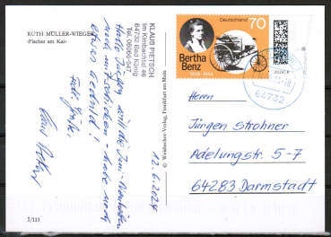 Bund 3829 als portoger. EF mit 70 Cent Bertha Benz auf Inlands-Postkarte von 2024, codiert