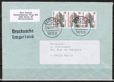 Berlin 793 als portoger. MeF mit 3x 30 Pf SWK aus Bogen auf Auslands-Drucksache 20-50g von 1987-1989 nach Frankreich