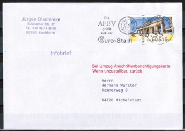 Bund ATM 6 mit Software-Fehler - Marke zu 0,35 Euro als portoger. EF auf Inlands-Infobrief bis 20g von 2009, codiert