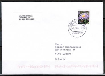 Bund 2463 als portoger. EF mit 50 Cent Blumen / Aster aus Rolle auf B-Brief von 2007-2010 vom ZAG Bsingen in die Schweiz, codiert