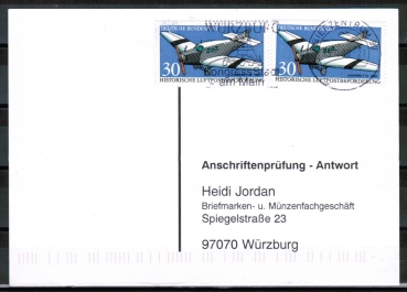 Bund 1522 als portoger. MeF mit 2x 30 Pf Flugzeuge auf Sammel-Anschriftenprfungs-Postkarte von 1991-2002, codiert