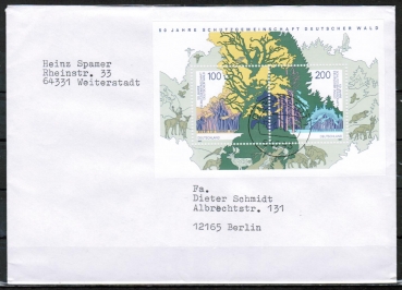 Bund 1918/1919 als portoger. Block-EF mit 100+200 Pf Wald-Block auf kleinformat. Inlands-Brief ber 50g von 1997/1998, B6-Format