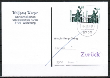 Bund 1532 als portoger. MeF mit 2x 60 Pf SWK geschnitten aus Skl.-MH auf Einzel-Anschriftenprfungs-Postkarte von 1992/1993, rs. Stpl.