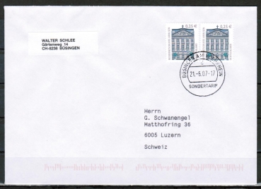 Bund 2374 als portoger. MeF mit 2x 0,25  SWK aus Rolle auf B-Brief vom ZAG Bsingen  von 2007-2010 in die Schweiz, codiert