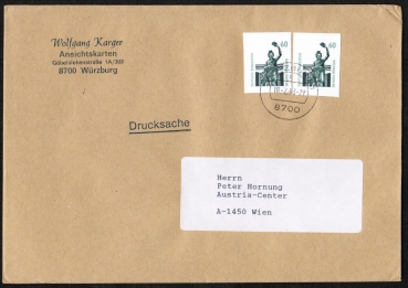 Bund 1341 als Ganzsachen-Ausschnitte aus 60 Pf SWK-Postkarte als portoger. MeF auf Ausl.-Drucks. 20-50g von 1989-1993 n. sterreich, AnkStpl.