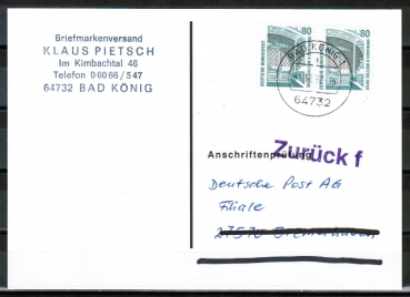 Bund 1342 als portoger. MeF mit 2x 80 Pf SWK D/u.g. aus MH auf Anschriftenrpfungs-Postkarte von 1997-2002, codiert, rs. Stpl.
