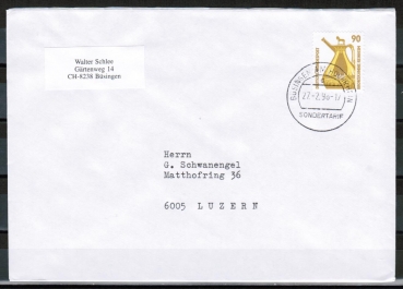 Bund 1380 als portoger. EF mit 90 Pf SWK aus Rolle auf B-Brief vom ZAG Bsingen 1995 in die Schweiz