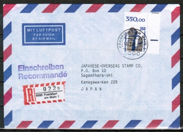 Bund 1407 als portoger. EF mit 350 Pf SWK aus Bogen als Ober-Eckrand auf Luftpost-Einschreibe-Brief bis 5g vom Mrz 1989 nach Japan