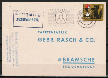 Bund 340 als portoger. EF mit 7 Pf Wohlfahrt 1960 / Rotk�ppchen auf Inlands-Drucksache-Postkarte von 1960-1962, Marke kleine M�ngel