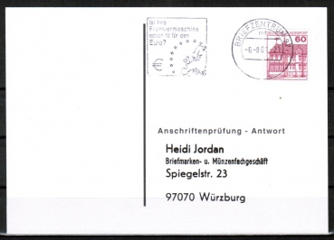 Bund 1028 als portoger. EF mit roter 60 Pf B+S - Marke aus Rolle im Buchdruck auf Sammel-Anschriftenprfungs-Postkarte von 1993-2002