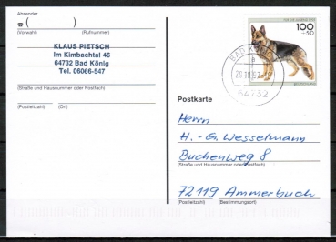 Bund 1799 als portoger. EF mit 100 Pf Jugend 1995 / Schferhund auf Inlands-Postkarte vom Oktober 1997, codiert