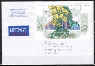 Bund 1918/1919 als portoger. Block-EF mit 100 + 200 Pf Wald-Block auf bersee-Luftpost-Brief bis 20g von 1997/1998 nach Kanada, vs. codiert