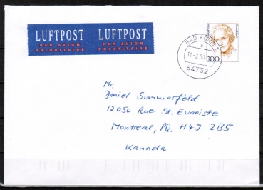 Bund 1956 als portoger. EF mit 300 Pf M. Probst auf bersee-Luftpost-Brief bis 20g von 1997-2002 nach Kanada, vs. codiert