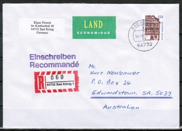 Bund 1746 als portoger. EF mit 550 Pf SWK aus Rolle auf bersee-Land-Einschreibe-Brief bis 50g von 1994-1997 n. Australien, AnkStpl.