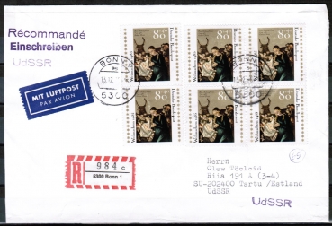 Bund 1267 - 6x 80 Pf Weihnachten 1985 - als berfrankierter Einschreib-Brief 50-100g von 1985 in die UdSSR/AnkStpl.