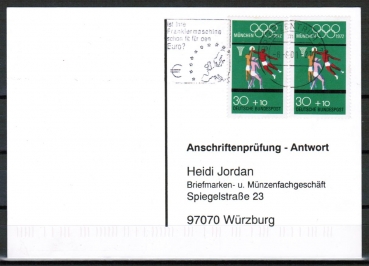 Bund 735 als portoger. MeF mit 2x 30 Pf Basketball aus MH 17 / Block 8 auf Anschriftenprfungs-Postkarte von 2000/2002, codiert