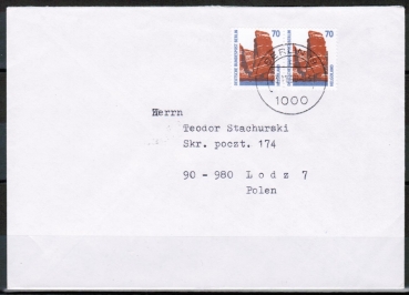 Berlin 874 als portoger. MeF mit 2x 70 Pf SWK / Helgoland als waagr. Bogen-Paar auf Auslands-Brief bis 20g von 1990-1991 nach Polen, AnkStpl.