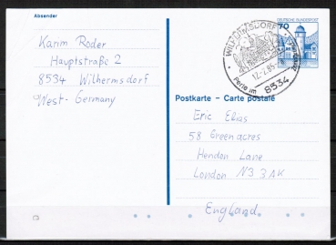 Bund 918 als Auslands-GA-Pk P 136 I mit eingedr. Marke 70 Pf B+S im Buchdruck als Auslands-Postkarte von 1985 nach Grobritannien, blau codiert !