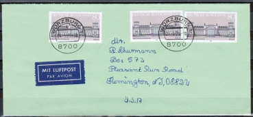 Bund 1287 als portoger. MeF mit 3x 80 Pf Reichstag - EZM aus Gebude-Block 20 auf Luftpost-Brief 15-20g von 1989-1993 in die USA/Code