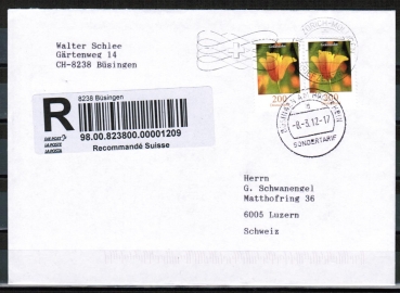 Bund 2568 als portoger. MeF mit 2x 200 Cent Goldmohn aus Rolle auf Einschreibe-Brief von Bsingen in die Schweiz von 2012, codiert, zustzl. Masch.-Stpl.