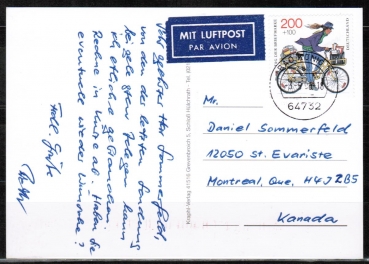 Bund 1814 als portoger. EF mit 200 Pf Tag der Briefmarke 1995 auf bersee-Luftpost-Postkarte von 1996 nach Kanada, rs. codiert
