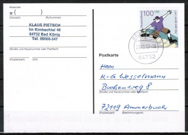 Bund 1899 als portoger. EF mit 100 Pf Sport 1997 / Skating auf Inlands-Postkarte von 1997, codiert