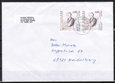Bund 1962 als portoger. MeF mit 2x 110 Pf Heinrich Heine auf Inlands-Kompakt-Brief 20-50g von 1999, codiert