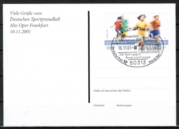 Bund 2165 - 100 Pf / 0,51  Sport 2001 auf Postkarte mit Blanko-Sonderstempel vom SportpresseBall 2001