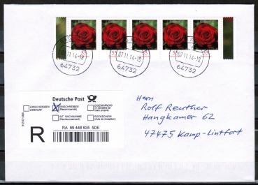 Bund 2669 als portoger. MeF mit 5x 55 Cent Blumen / Gartenrose aus Bogen mit Rand auf Inlands-bergabe-Einschreibe-Brief bis 20g von 2014