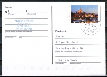 Bund 3068 als portoger. EF mit 45 Ct. Dresden-Panorama links weiss als Nassklebe-Marke auf Inlands-Postkarte von 2014-2019, codiert