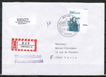 Bund 1381 als portoger. EF mit 280 Pf SWK aus Bogen mit Ober-Eckrand auf Einschreibe-Brief bis 20g von 1988/1989 n. Frankreich, AnkStpl.