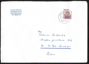 Bund 1679 als portoger. EF mit 500 Pf SWK aus Rolle auf Europa-Brief 50-100g von 1993-2002 nach Polen, AnkStpl. 14x20 cm