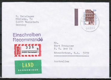Bund 1746 als portoger. EF mit 550 Pf SWK aus Bogen mit Seitenrand auf Land-Einschr.-Brief bis 50g von 1994-1997 n. Australien, AnkStpl.