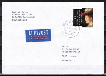 Bund 2550 als portoger. EF mit 70 Cent Rembrandt-Gemlde auf Europa-Brief bis 20g von 2006-2010 in die Schweiz, codiert
