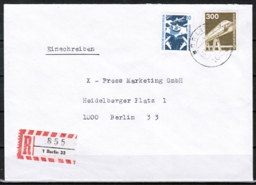 Bund 798 als portoger. MiF mit 10 Pf SWK aus Rolle + 300 Pf I+T Berlin auf Orts-Einschreibe-Brief bis 20g von 1989-1991