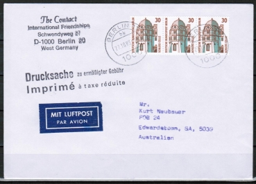Berlin 793 als portoger. MeF mit 3x 30 Pf SWK aus Bogen auf Luftpost-Drucksache zu erm��. Geb�hr von 1988 nach Australien