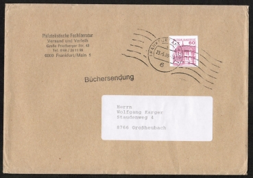 Bund 1028 als Ganzsachen-Ausschnitt aus GA-Postkarte mit roter 60 Pf B+S - Serie auf Inlands-Bchersendung bis 100g von 1989-1993, 14x20 cm