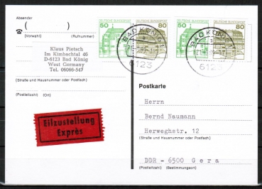 Bund 1038+1140 o.g. als portoger. Zdr.-MeF mit 2x grner 50 Pf + 80 Pf B+S als Zdr. oben geschnitten aus MH auf Eilpostkarte von 1989 in die DDR